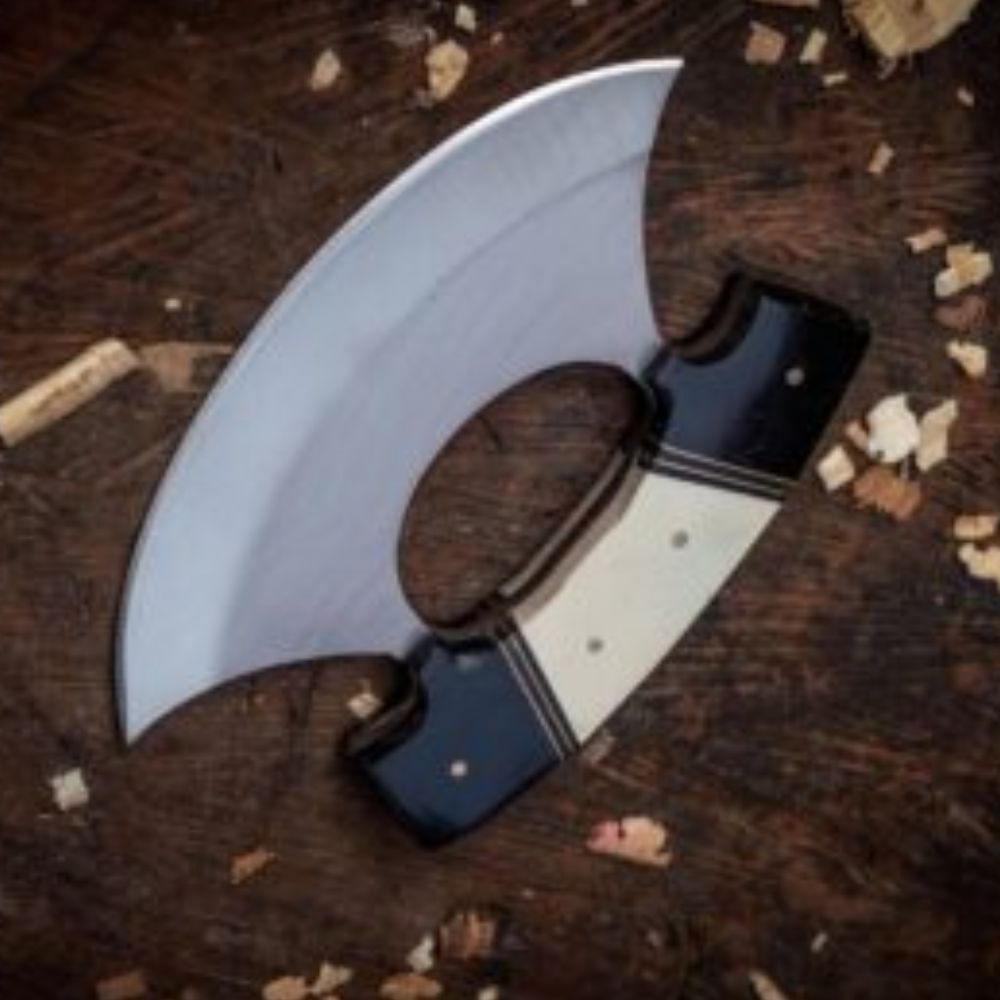 Hand-forged Damascus steel billet with intricate wave pattern, ideal for knife making and custom blade crafting. (1) Handmade Ulu knife with sharp stainless steel blade and sturdy