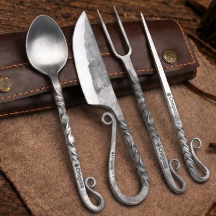 HandForged Viking cutlery set with leather cover